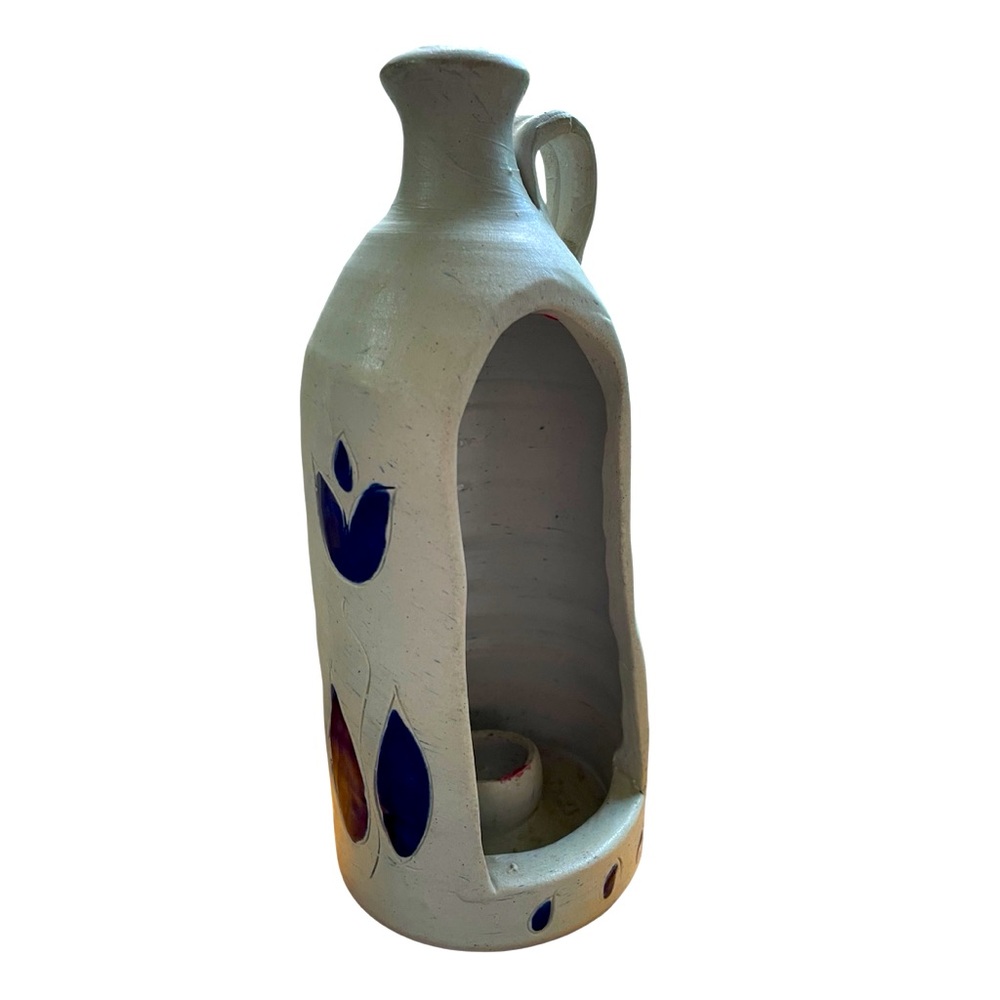 Williamsburg Pottery Salt Glaze Cobalt Blue Leaf Pottery Jug Candle Holder 9"